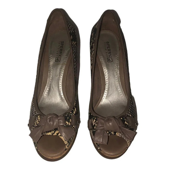 SPERRY Top-Sider Sz 8 Womens Python Silverside Peep Toe Cork Platform Wedge Shoe - Picture 1 of 8